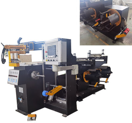 Automatische Folienwickelmaschine für Transformatorspulen mit 300 mm Breite und zwei Folienentwicklern